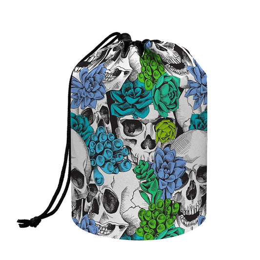 Green Blue Flowers Skull Pattern Print Drawstring Makeup Bag