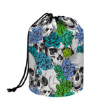 Green Blue Flowers Skull Pattern Print Drawstring Makeup Bag