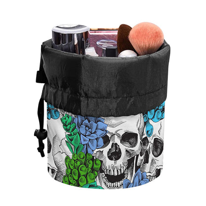 Green Blue Flowers Skull Pattern Print Drawstring Makeup Bag