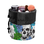 Green Blue Flowers Skull Pattern Print Drawstring Makeup Bag