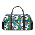 Green Blue Flowers Skull Pattern Print Duffle Bag