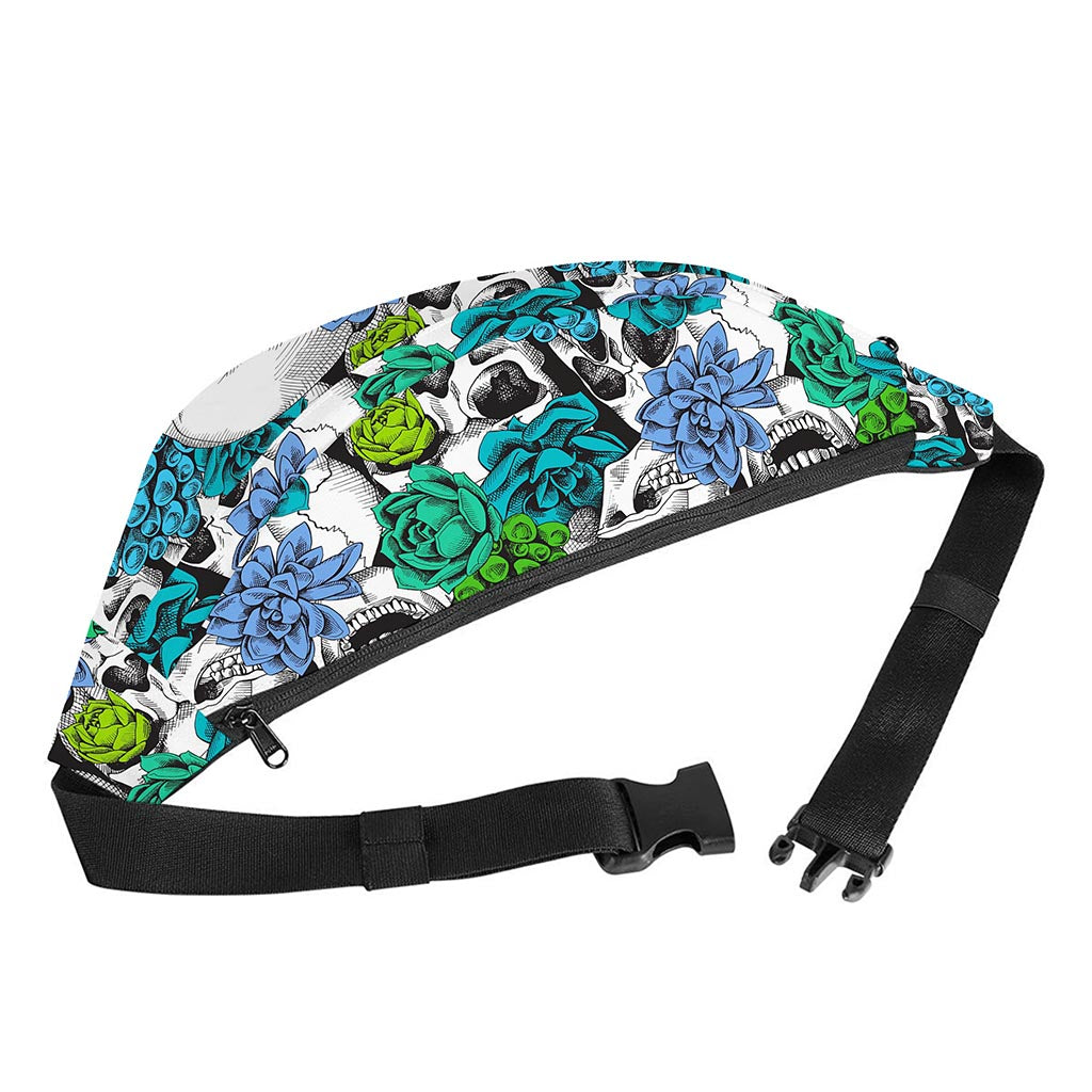 Green Blue Flowers Skull Pattern Print Fanny Pack