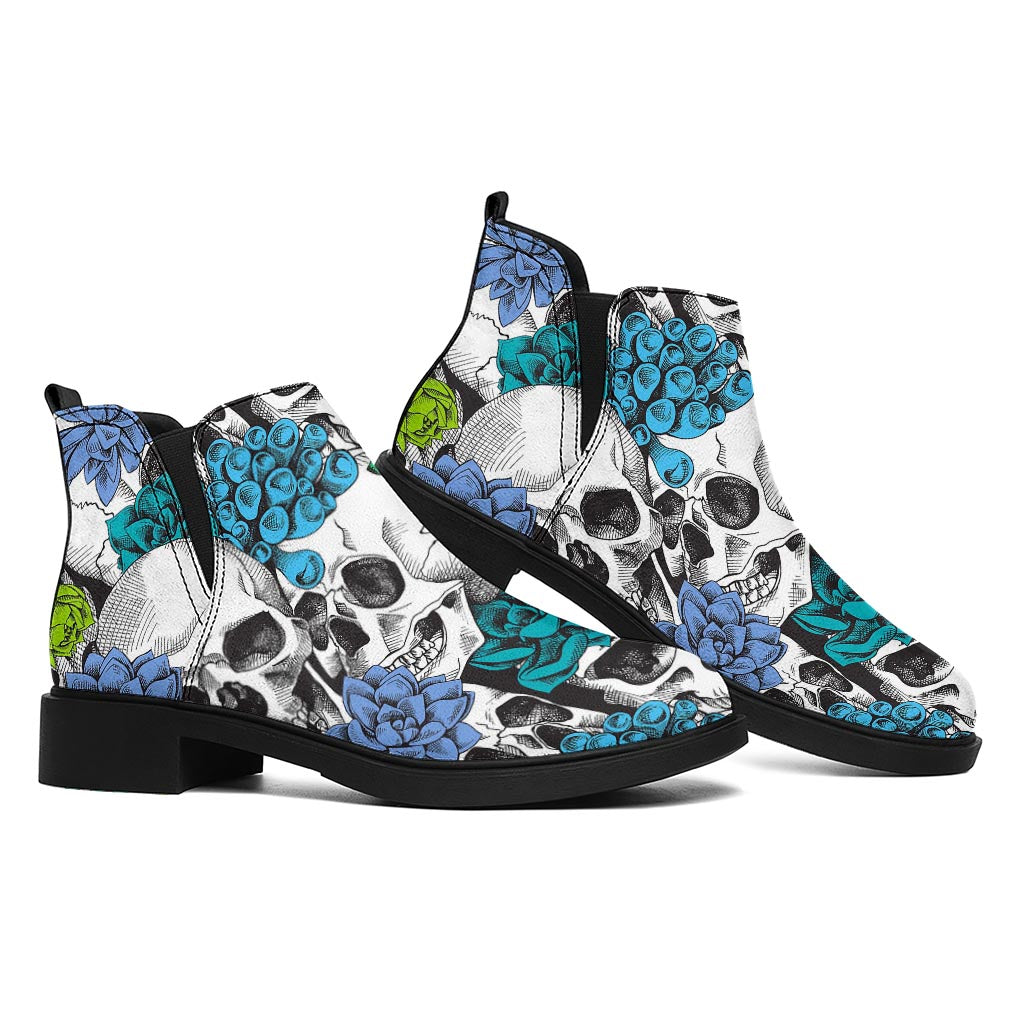 Green Blue Flowers Skull Pattern Print Flat Ankle Boots
