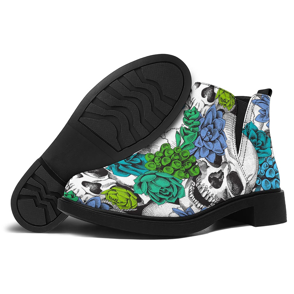 Green Blue Flowers Skull Pattern Print Flat Ankle Boots