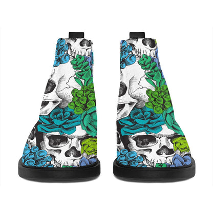 Green Blue Flowers Skull Pattern Print Flat Ankle Boots