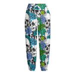 Green Blue Flowers Skull Pattern Print Fleece Lined Knit Pants