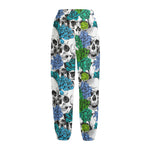 Green Blue Flowers Skull Pattern Print Fleece Lined Knit Pants