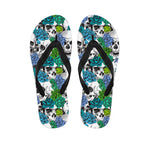 Green Blue Flowers Skull Pattern Print Flip Flops
