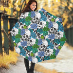 Green Blue Flowers Skull Pattern Print Foldable Umbrella