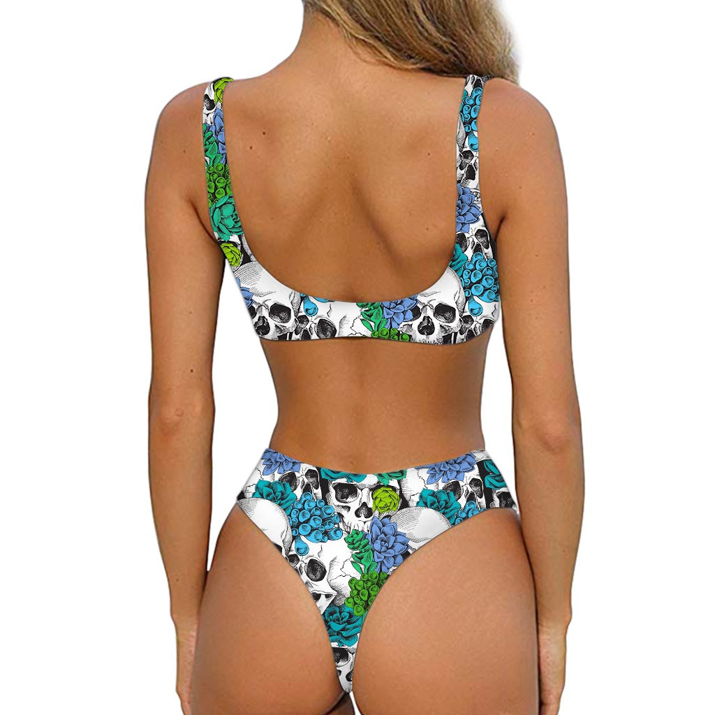 Green Blue Flowers Skull Pattern Print Front Bow Tie Bikini