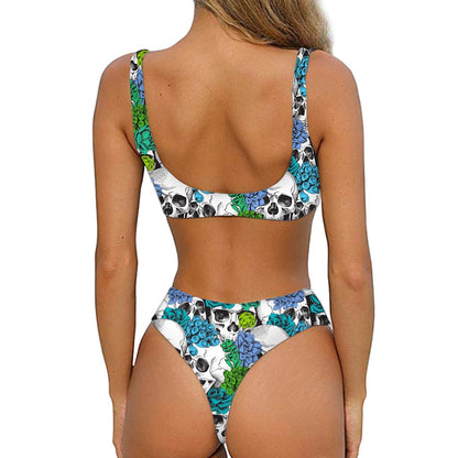 Green Blue Flowers Skull Pattern Print Front Bow Tie Bikini