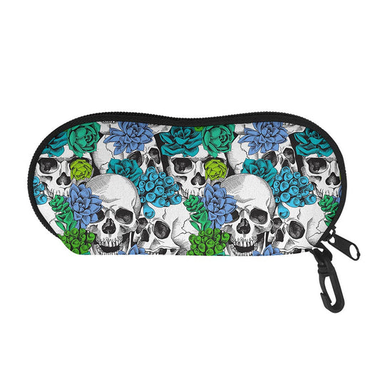 Green Blue Flowers Skull Pattern Print Glasses Case