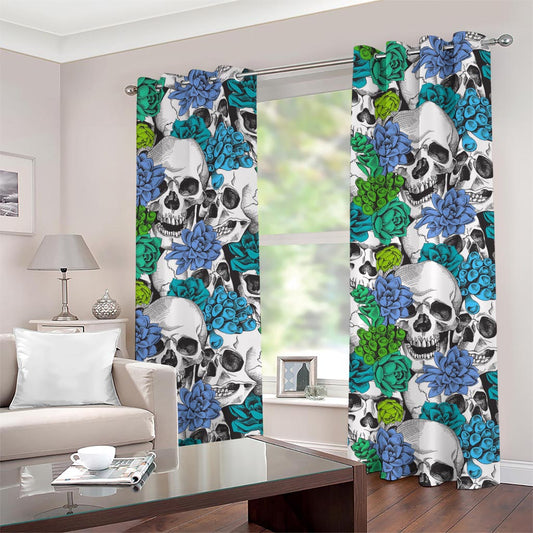 Green Blue Flowers Skull Pattern Print Grommet Curtains