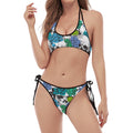 Green Blue Flowers Skull Pattern Print Halter Scoop Tie Side Bikini