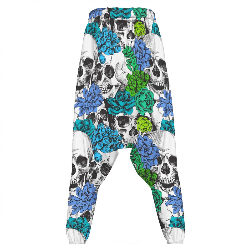 Green Blue Flowers Skull Pattern Print Hammer Pants