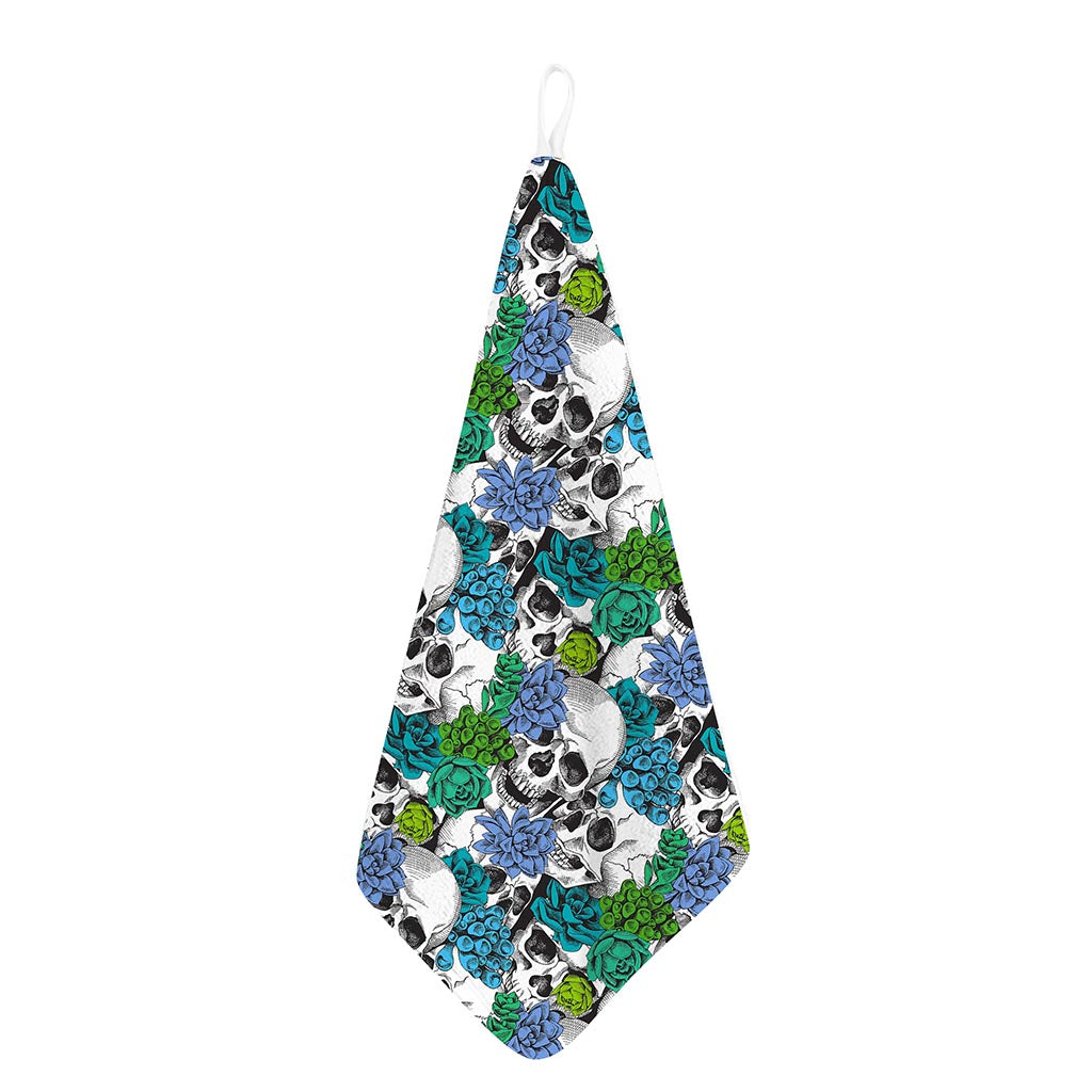 Green Blue Flowers Skull Pattern Print Hand Towel