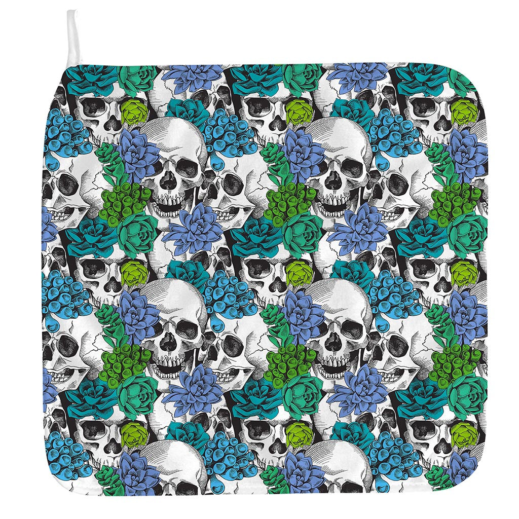 Green Blue Flowers Skull Pattern Print Hand Towel