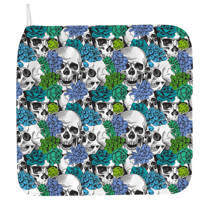 Green Blue Flowers Skull Pattern Print Hand Towel