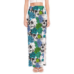 Green Blue Flowers Skull Pattern Print High Slit Maxi Skirt