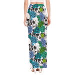 Green Blue Flowers Skull Pattern Print High Slit Maxi Skirt