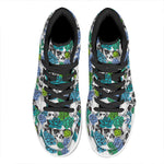 Green Blue Flowers Skull Pattern Print High Top Leather Sneakers