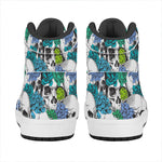Green Blue Flowers Skull Pattern Print High Top Leather Sneakers