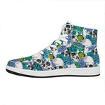 Green Blue Flowers Skull Pattern Print High Top Leather Sneakers