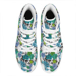 Green Blue Flowers Skull Pattern Print High Top Leather Sneakers