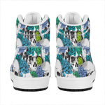Green Blue Flowers Skull Pattern Print High Top Leather Sneakers