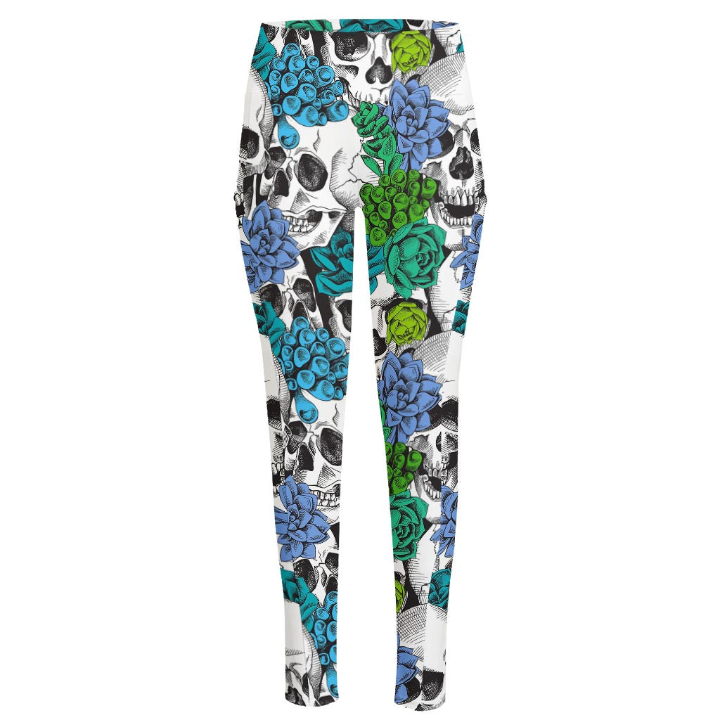 Green Blue Flowers Skull Pattern Print High-Waisted Pocket Leggings