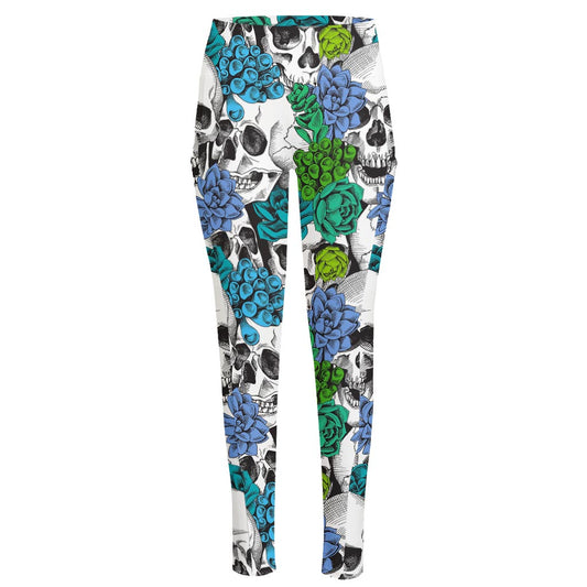 Green Blue Flowers Skull Pattern Print High-Waisted Pocket Leggings