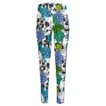 Green Blue Flowers Skull Pattern Print High-Waisted Pocket Leggings