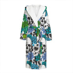 Green Blue Flowers Skull Pattern Print Hooded Bathrobe