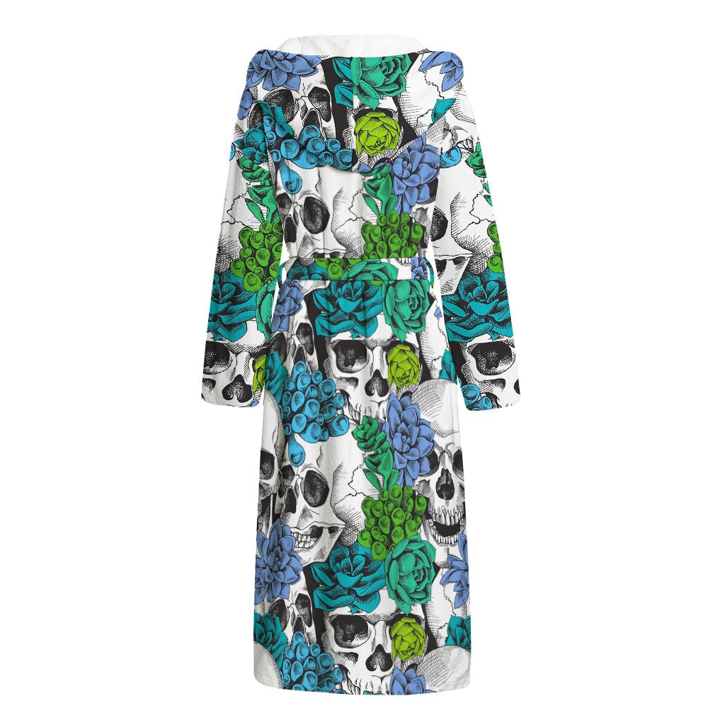 Green Blue Flowers Skull Pattern Print Hooded Bathrobe