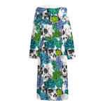 Green Blue Flowers Skull Pattern Print Hooded Bathrobe