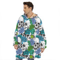 Green Blue Flowers Skull Pattern Print Hoodie Blanket