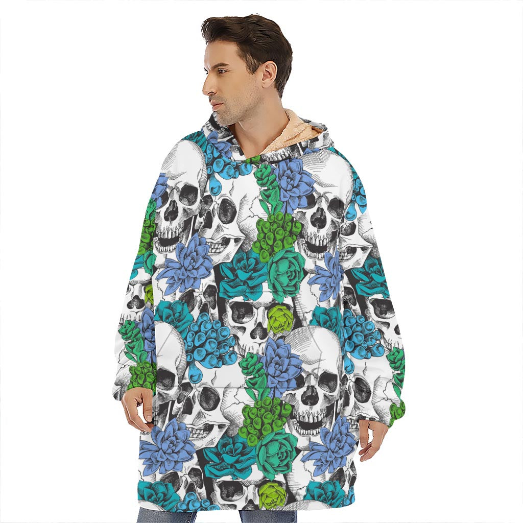 Green Blue Flowers Skull Pattern Print Hoodie Blanket