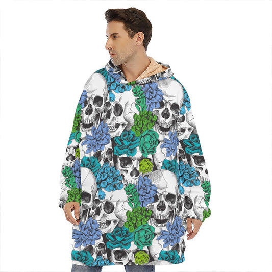 Green Blue Flowers Skull Pattern Print Hoodie Blanket