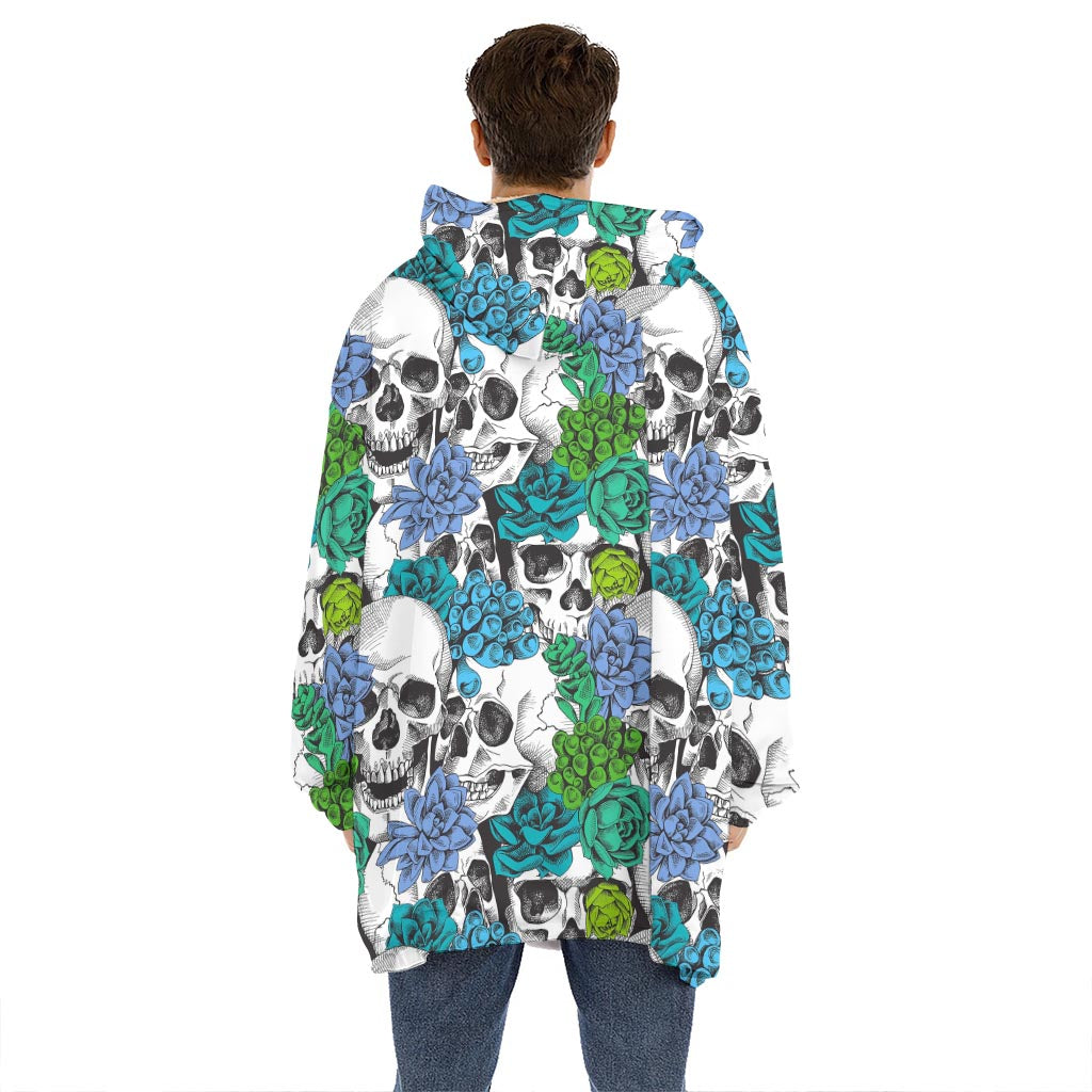 Green Blue Flowers Skull Pattern Print Hoodie Blanket