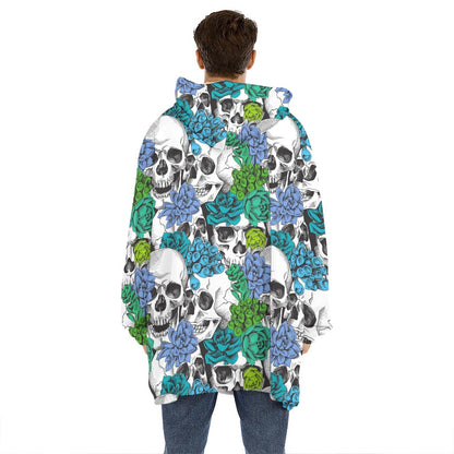 Green Blue Flowers Skull Pattern Print Hoodie Blanket