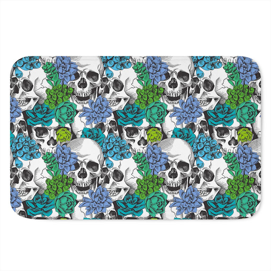 Green Blue Flowers Skull Pattern Print Indoor Door Mat
