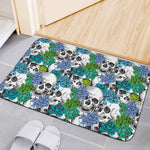 Green Blue Flowers Skull Pattern Print Indoor Door Mat