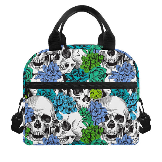 Green Blue Flowers Skull Pattern Print Insulated Lunch Bag
