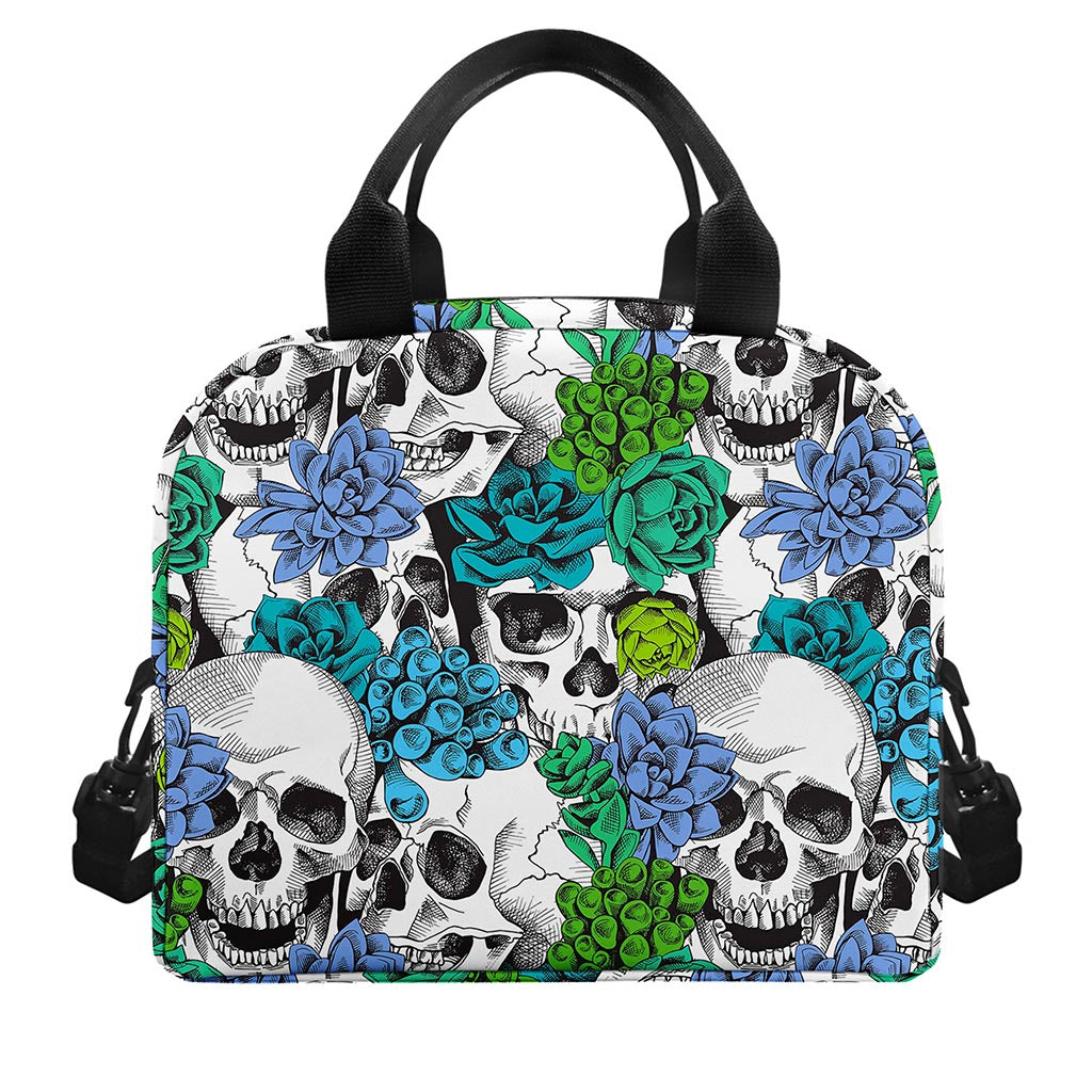 Green Blue Flowers Skull Pattern Print Insulated Lunch Bag
