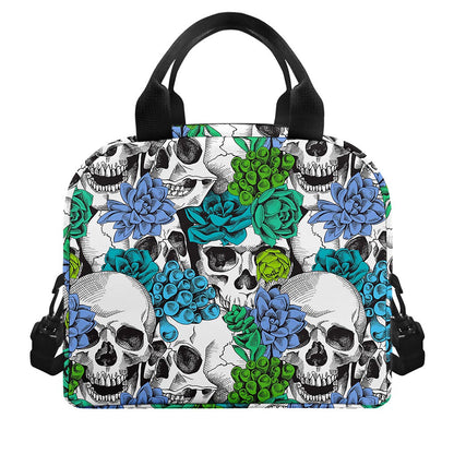 Green Blue Flowers Skull Pattern Print Insulated Lunch Bag