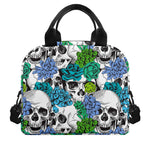 Green Blue Flowers Skull Pattern Print Insulated Lunch Bag