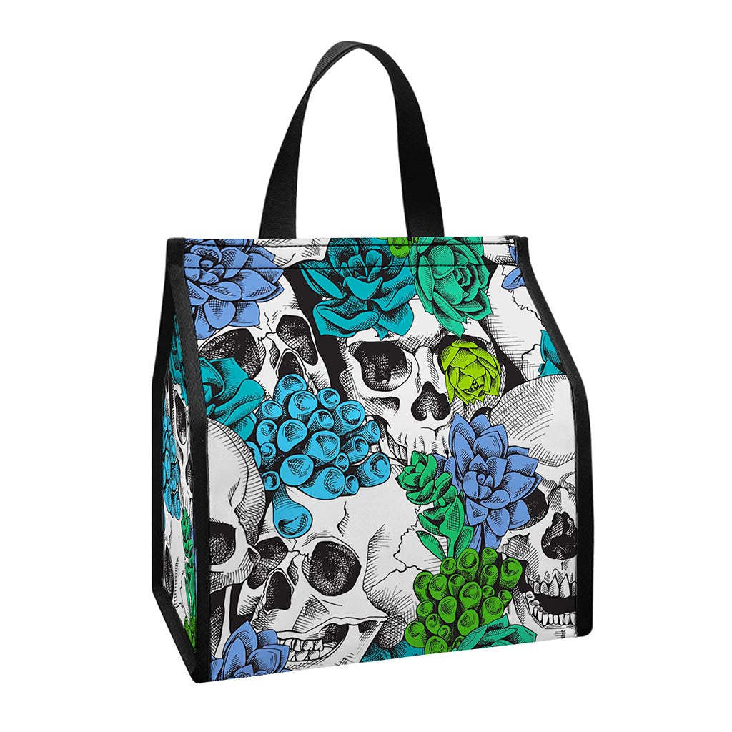 Green Blue Flowers Skull Pattern Print Insulated Lunch Tote