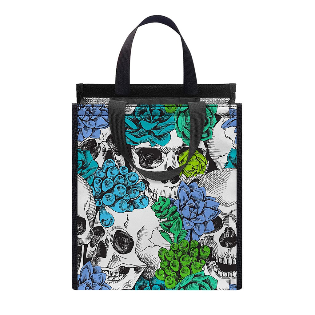 Green Blue Flowers Skull Pattern Print Insulated Lunch Tote