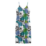 Green Blue Flowers Skull Pattern Print Jersey Midi Cami Dress
