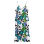 Green Blue Flowers Skull Pattern Print Jersey Midi Cami Dress